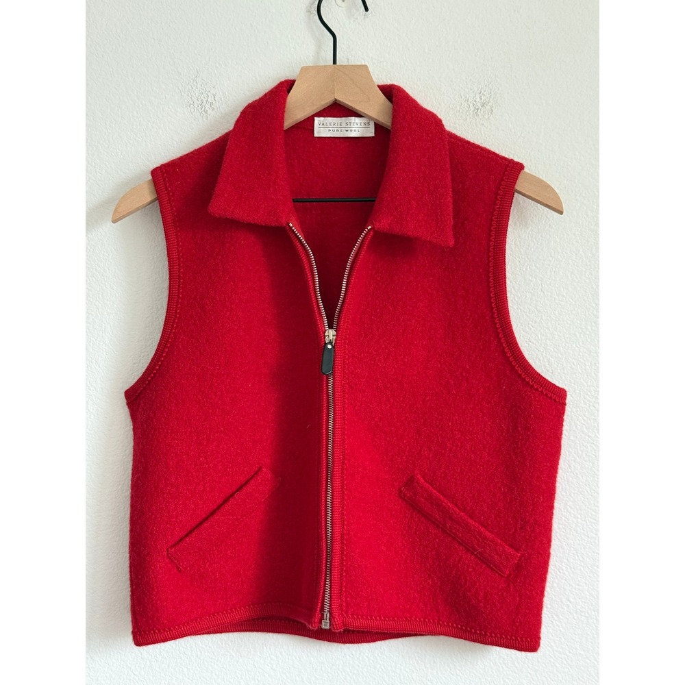 Vintage Valerie Stevens Red Boiled Wool‎ Vest S Italy Preppy Minimalist Zip Up